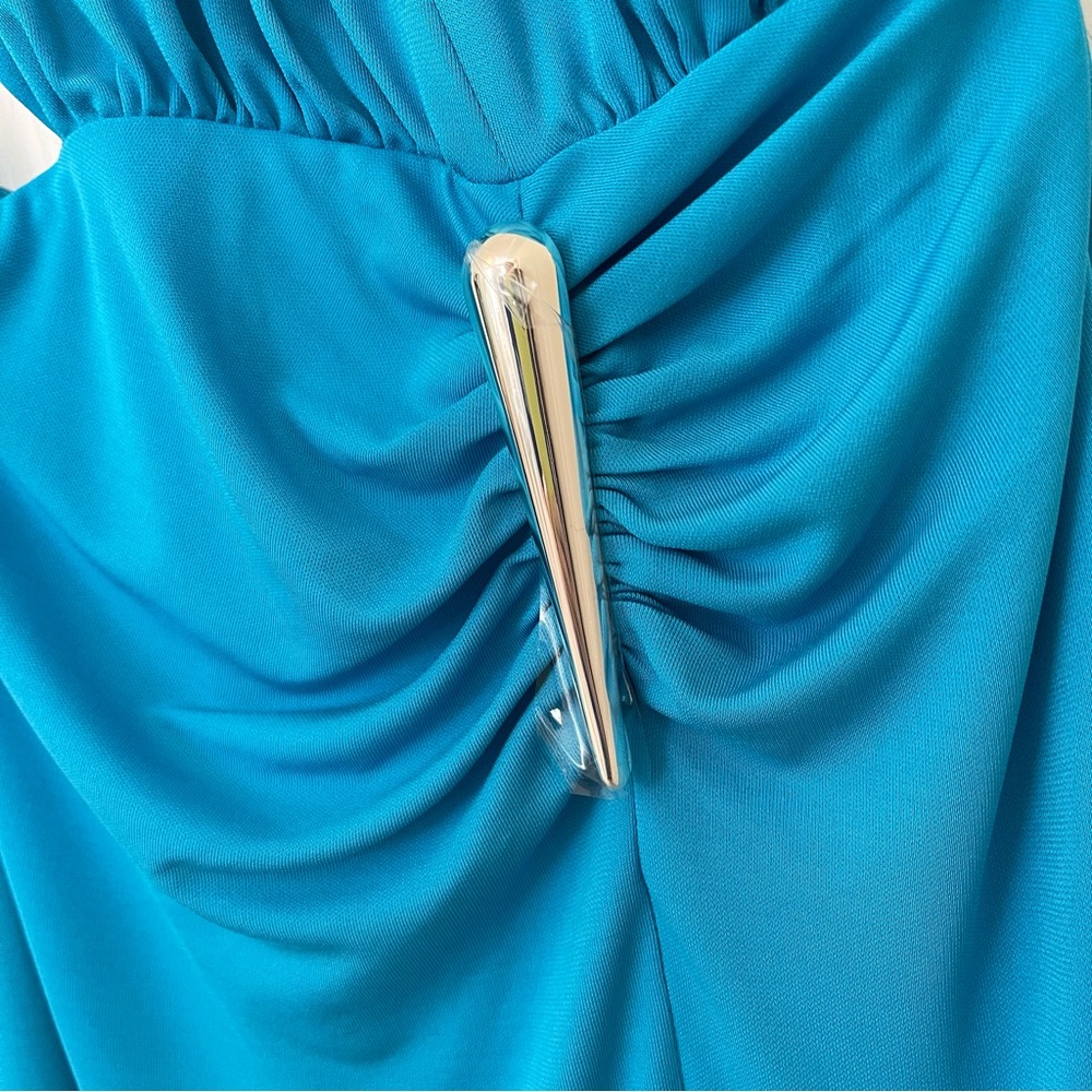 NWT Halston Ivanna Grecian Matte Jersey Aqua Turquoise Blue Formal Gown Dress - Picture 6 of 16